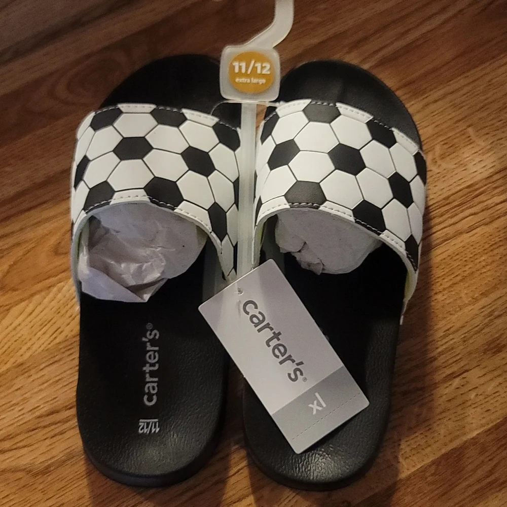 CARTER'S TODDLER OLIVER SLIDE SANDALS: SOCCER: BLACK/WHITE: NWT:SZ XL (11/12)